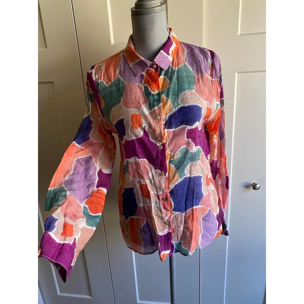 Easy Clothes Colorful Abstract Silk Blend Long Sleeve Button Up Shirt Art To s48